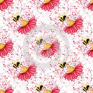 Honey bee on flower, sweet pattern and white background